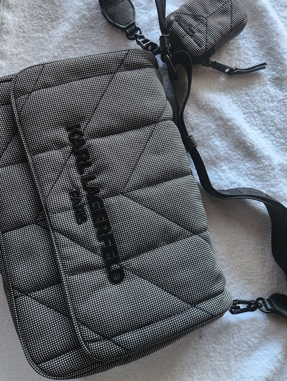 Karl Lagerfeld Quilted Messenger Crossbody in Black and White Dot